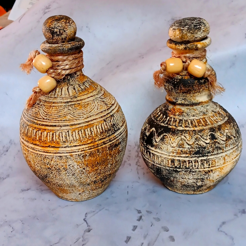 Mexican Pottery Jug Vases Ancient Aztec n Maya Style